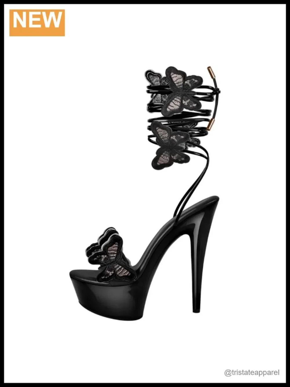 MissHeel Butterfly Faux Leather Platform Stiletto Heels Lace Up Sandals